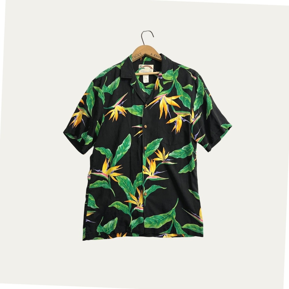 Paradise Found Mens Medium Black Bird of Paradise Hawaiian Aloha Shirt Rayon USA